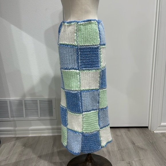 Handmade Knit Crochet Blue Green and White Skirt - Picture 2 of 10